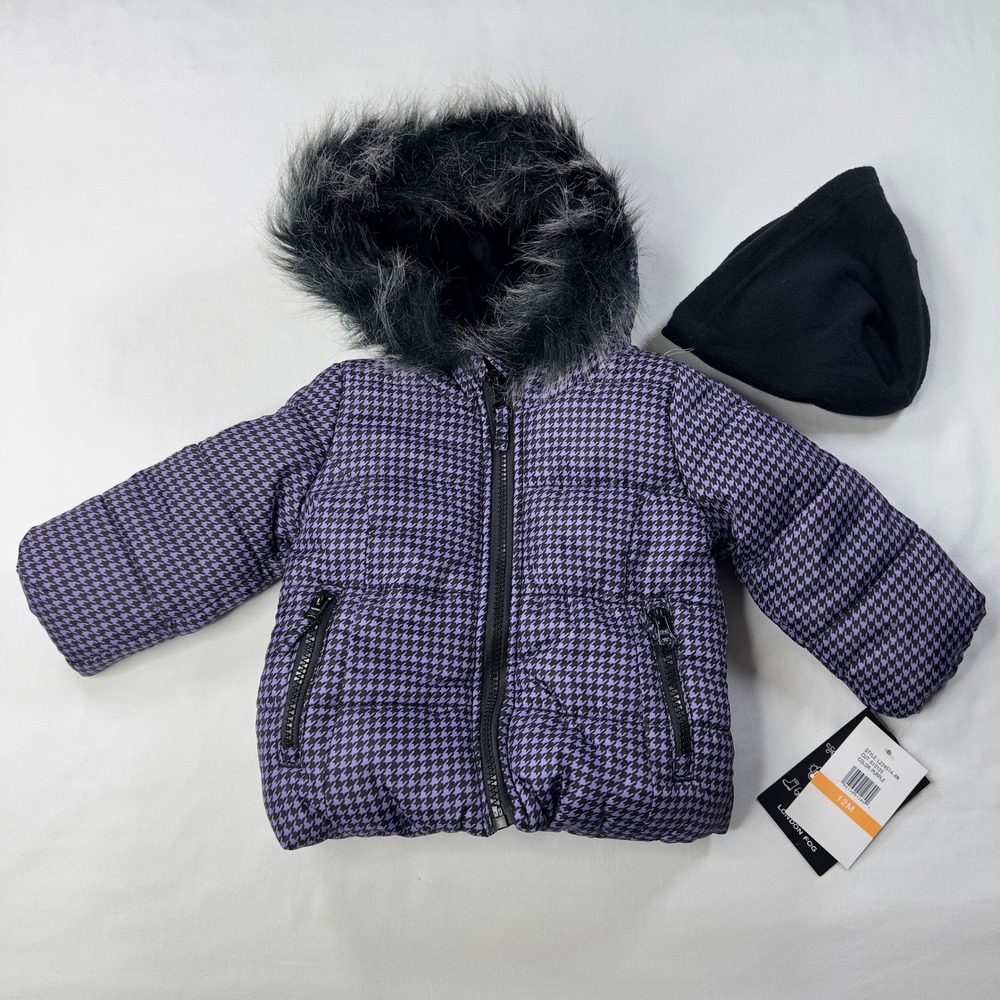 London Fog Coat Girls 12‎ months Puffer Hooded Jacket Purple Black w/ Hat